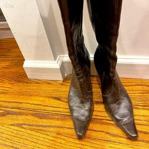 Dark brown knee length high heel leather boots